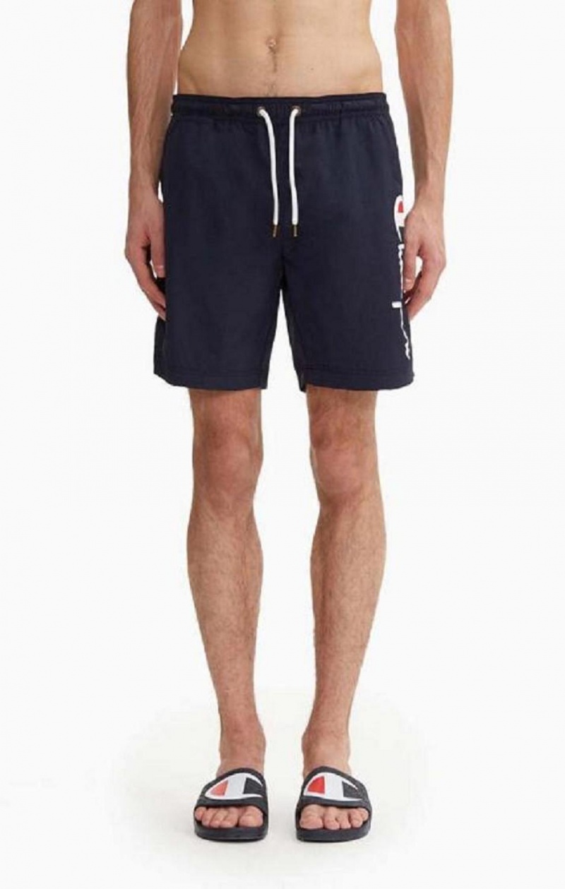 Champion Script Logo Print Board Shorts Férfi Fürdőruha Sötétkék | 3740-VFJUL