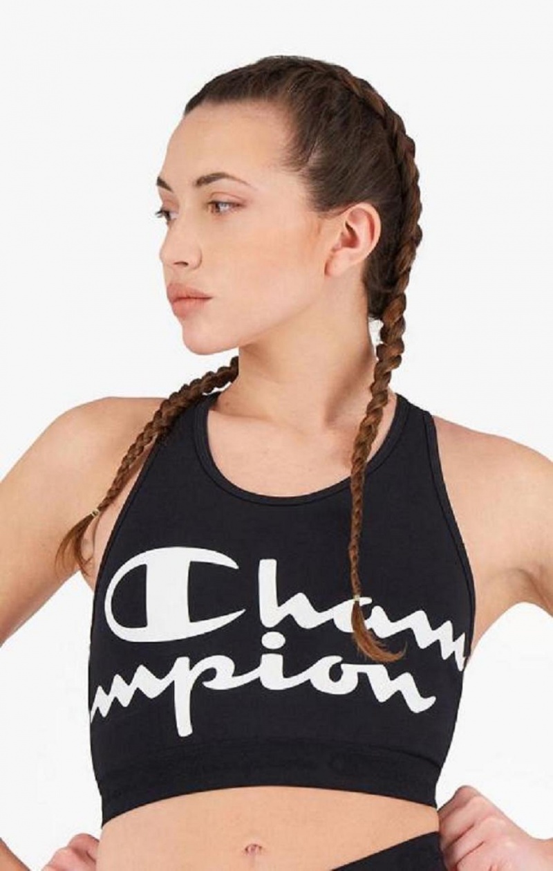 Champion Script Logo Print Racer Back Sports Bra Női Sport Melltartó Fekete | 3051-ZICTJ