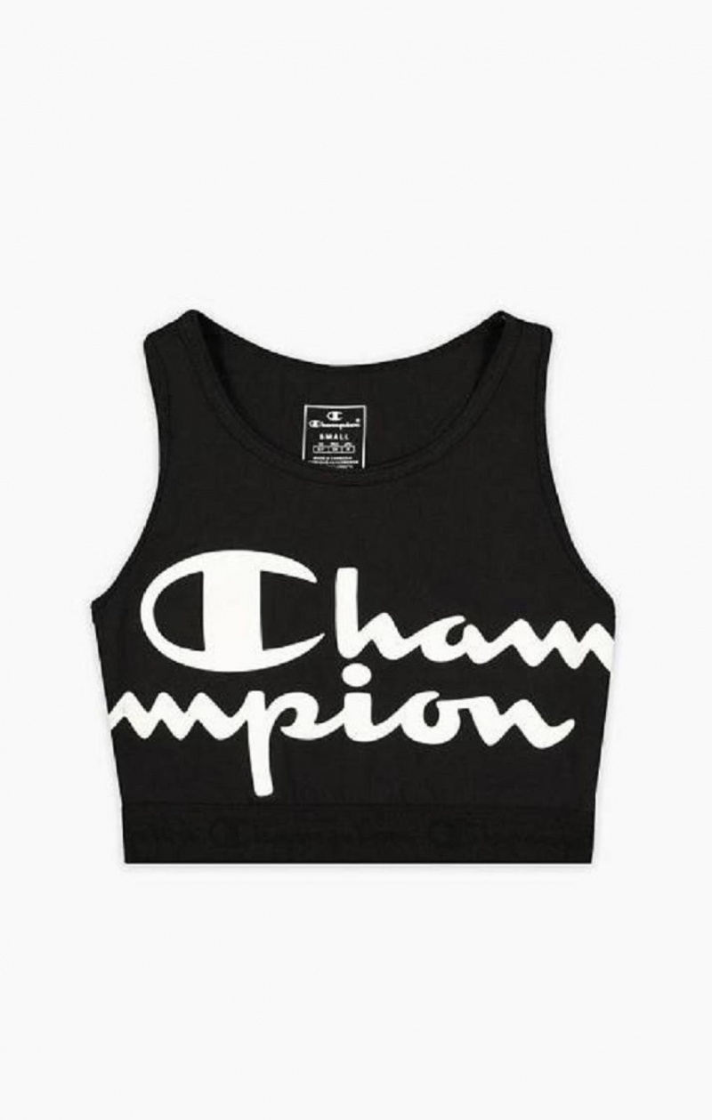 Champion Script Logo Print Racer Back Sports Bra Női Sport Melltartó Fekete | 3051-ZICTJ