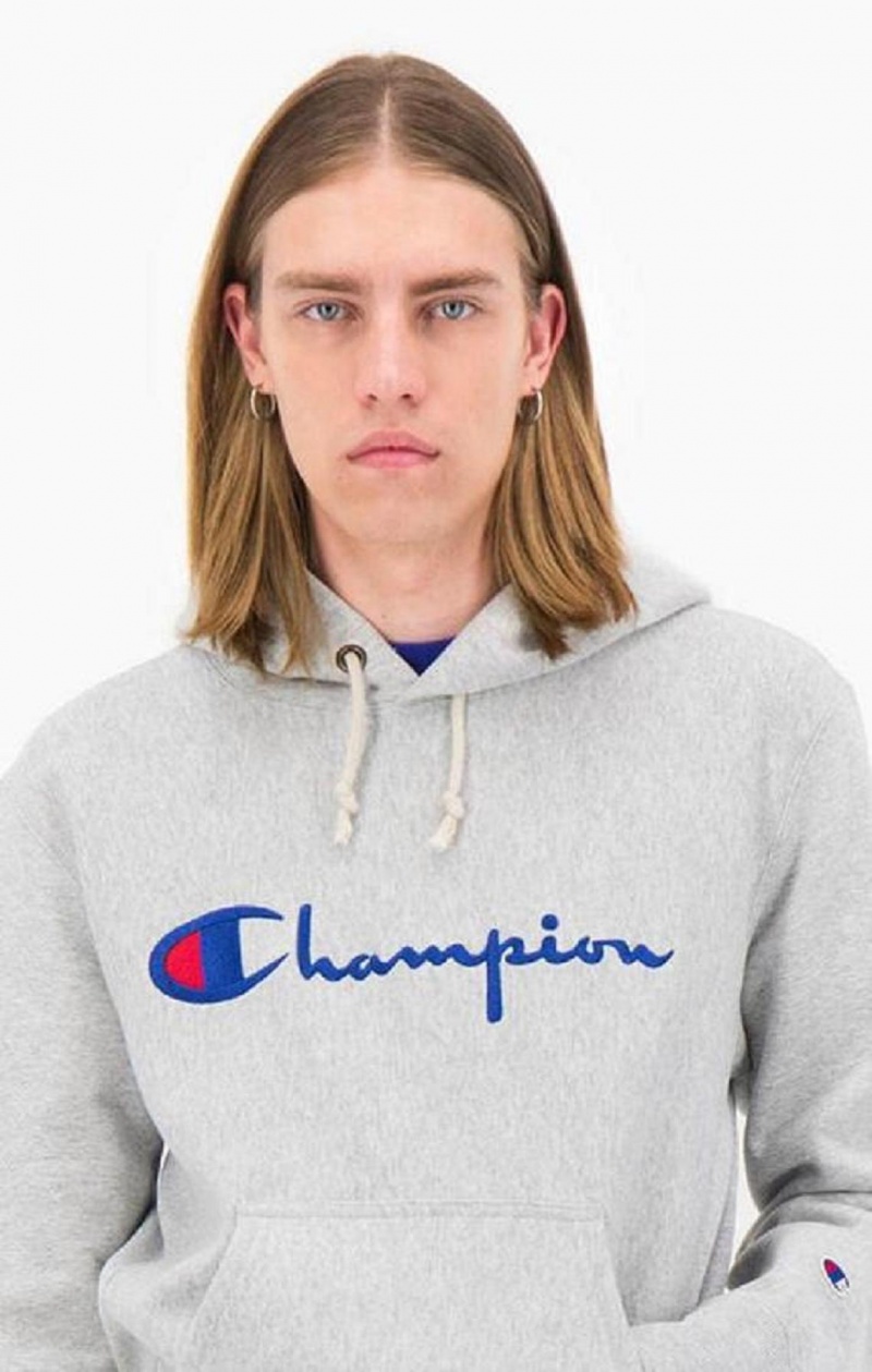 Champion Script Logo Reverse Weave Hoodie Férfi Kapucnis Pulóver Világos Szürke | 5287-YJZKI