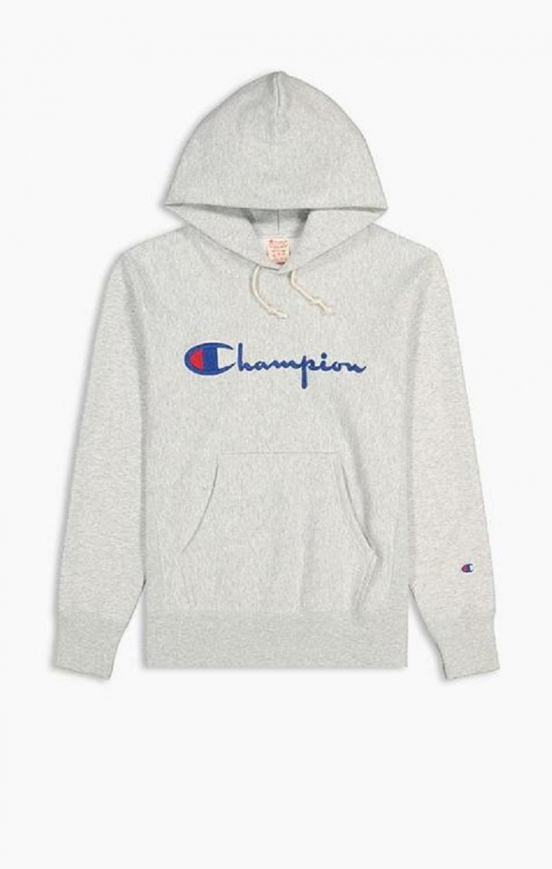 Champion Script Logo Reverse Weave Hoodie Férfi Kapucnis Pulóver Világos Szürke | 5287-YJZKI