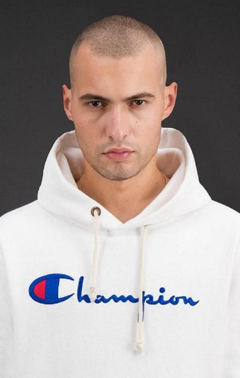 Champion Script Logo Reverse Weave Hoodie Férfi Kapucnis Pulóver Fehér | 7904-KBQIU