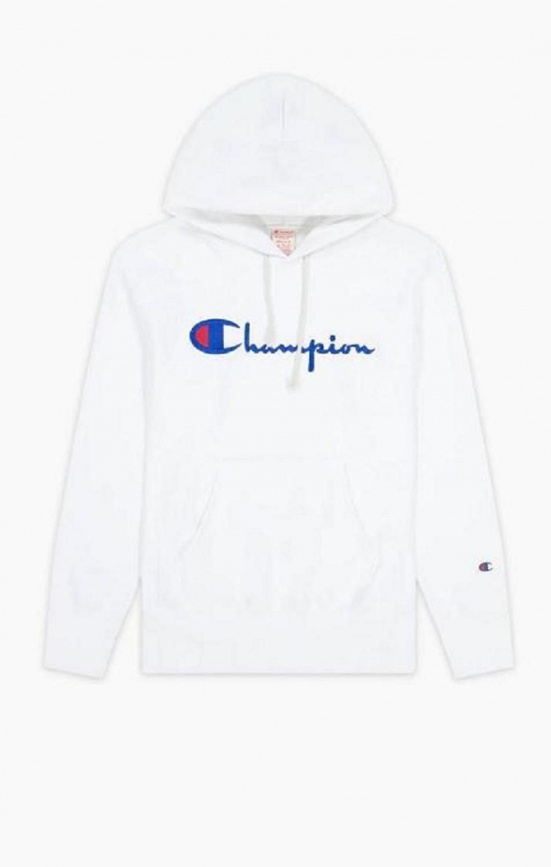 Champion Script Logo Reverse Weave Hoodie Férfi Kapucnis Pulóver Fehér | 7904-KBQIU