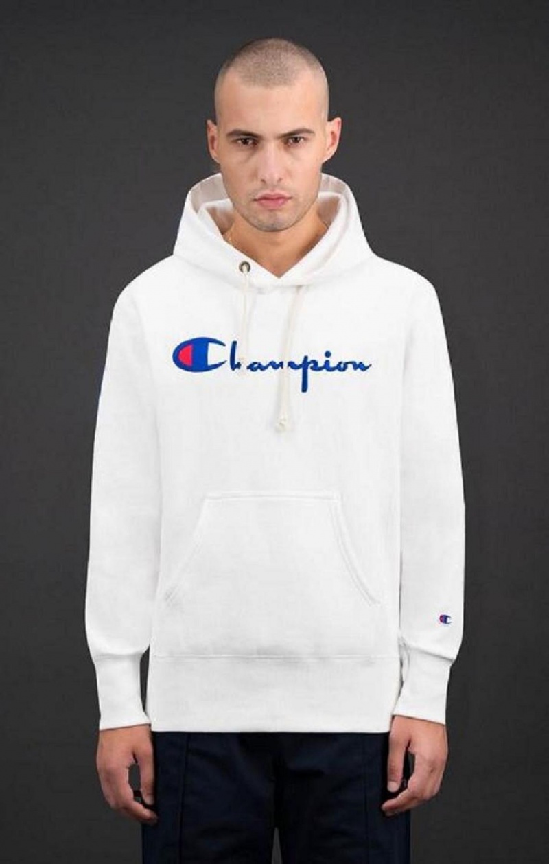 Champion Script Logo Reverse Weave Hoodie Férfi Kapucnis Pulóver Fehér | 7904-KBQIU