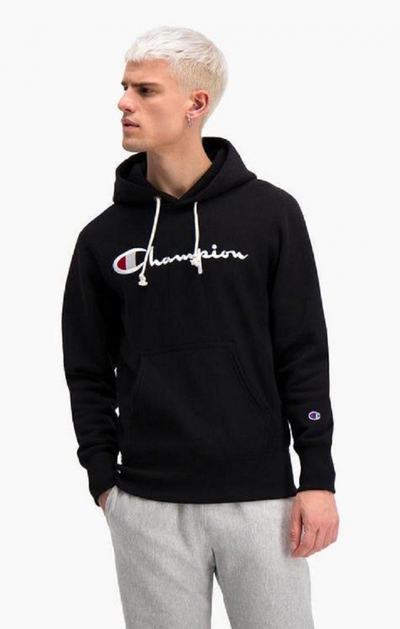 Champion Script Logo Reverse Weave Hoodie Férfi Kapucnis Pulóver Fekete | 0381-FZJKA