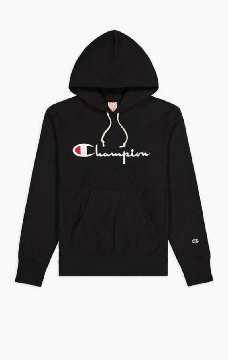 Champion Script Logo Reverse Weave Hoodie Férfi Kapucnis Pulóver Fekete | 0381-FZJKA