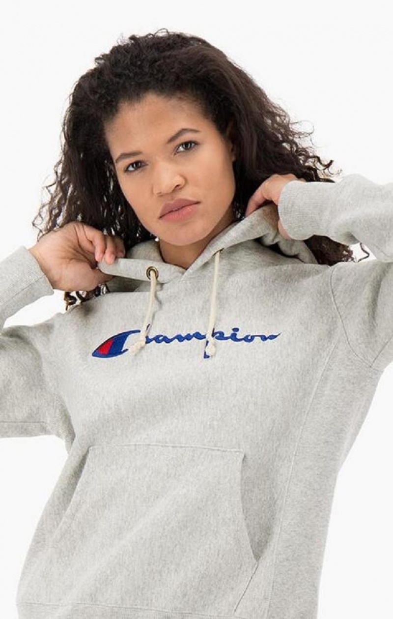 Champion Script Logo Reverse Weave Hoodie Női Kapucnis Pulóver Sötétszürke | 7901-TMXRN