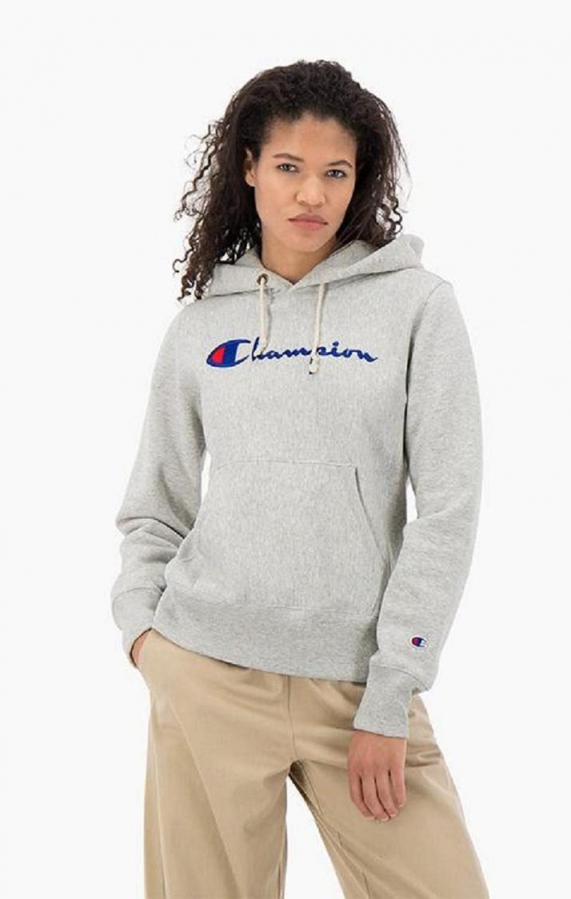 Champion Script Logo Reverse Weave Hoodie Női Kapucnis Pulóver Sötétszürke | 7901-TMXRN