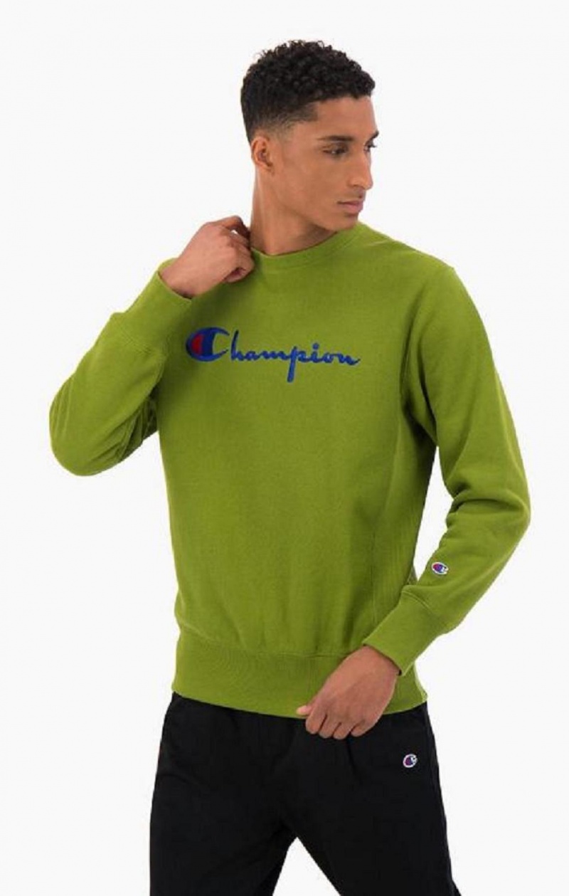 Champion Script Logo Reverse Weave Sweatshirt Férfi Pulóverek Zöld | 3620-KVPML