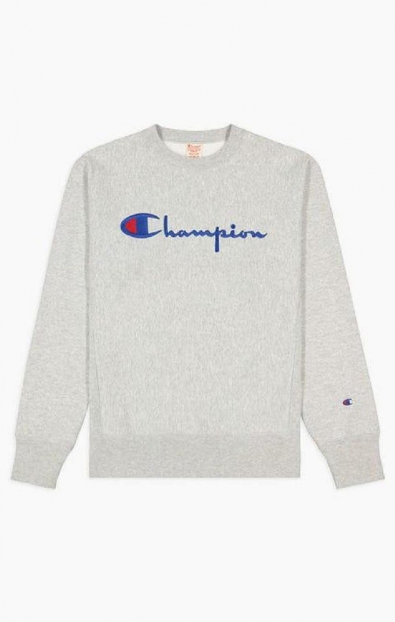 Champion Script Logo Reverse Weave Sweatshirt Férfi Pulóverek Világos Szürke | 9471-URHYF