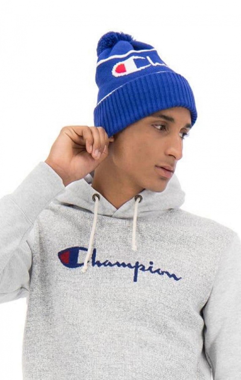 Champion Script Logo Stripe Bobble Beanie Hat Női Kalap Kék | 9078-ZLBYG