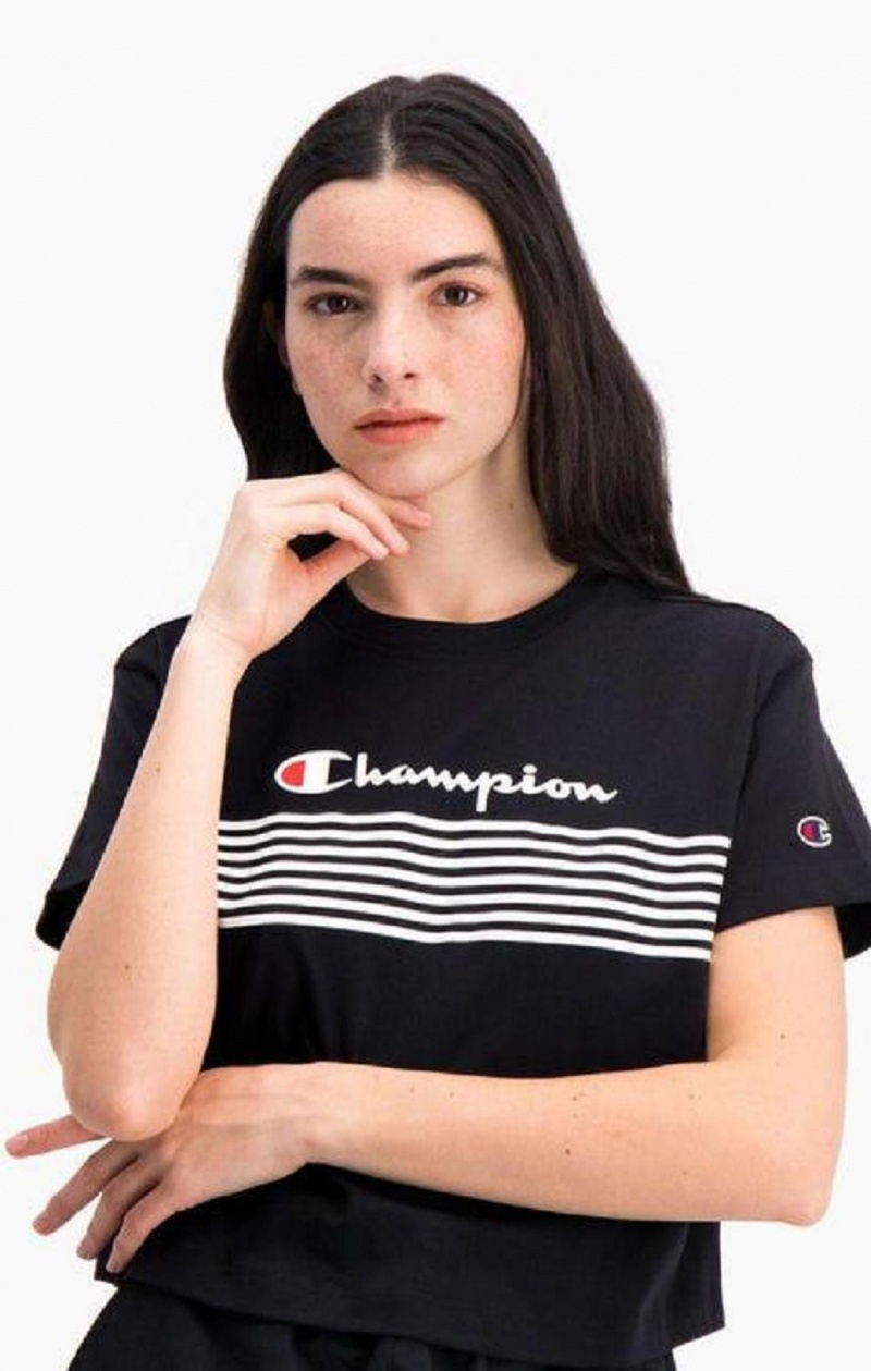 Champion Script Logo Stripe Curved Hem Cropped T-Shirt Női Póló Fekete | 7504-QJAYK