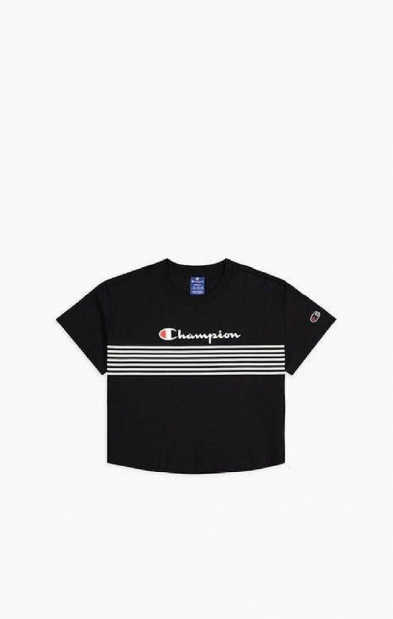 Champion Script Logo Stripe Curved Hem Cropped T-Shirt Női Póló Fekete | 7504-QJAYK