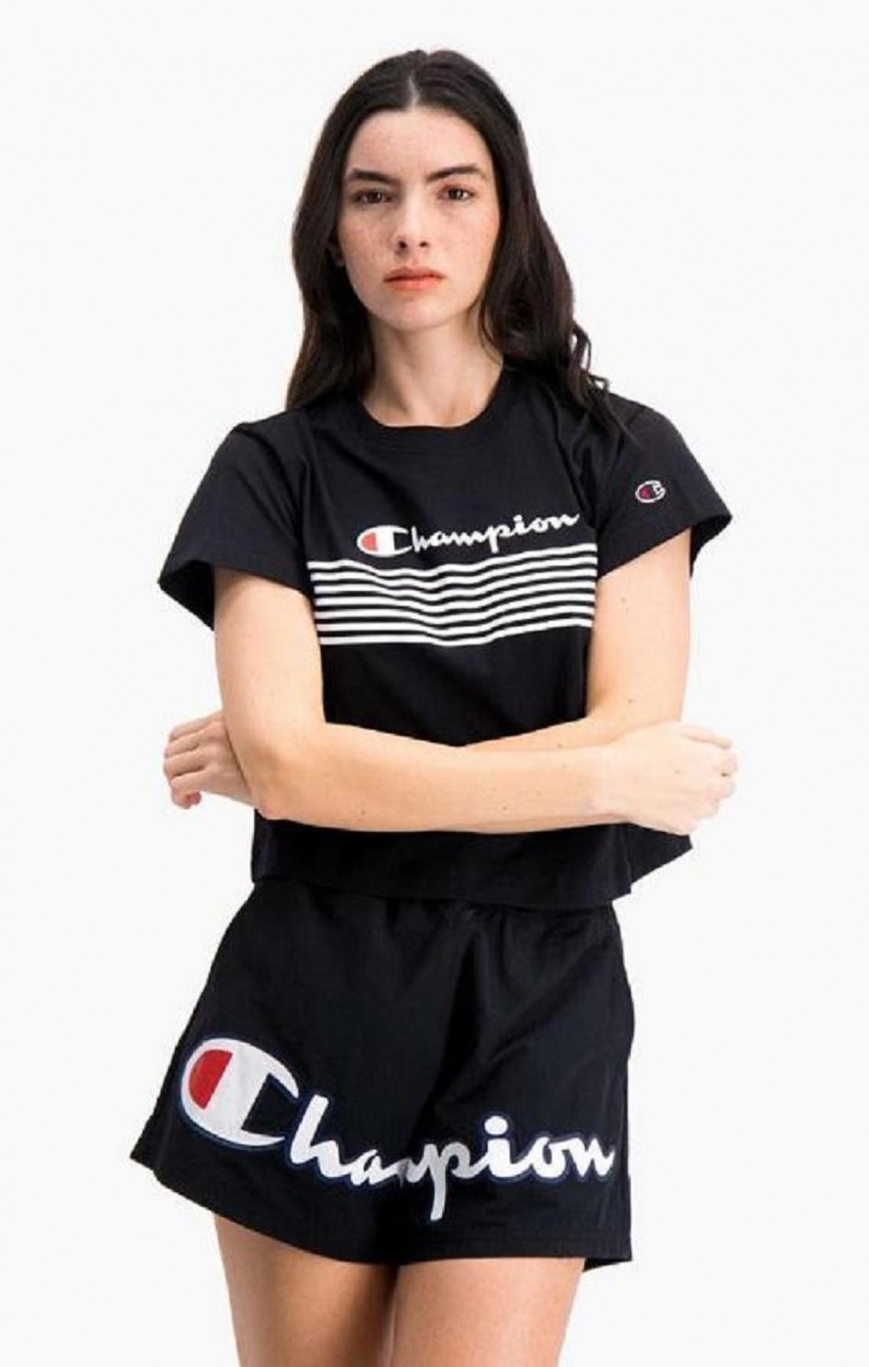 Champion Script Logo Stripe Curved Hem Cropped T-Shirt Női Póló Fekete | 7504-QJAYK