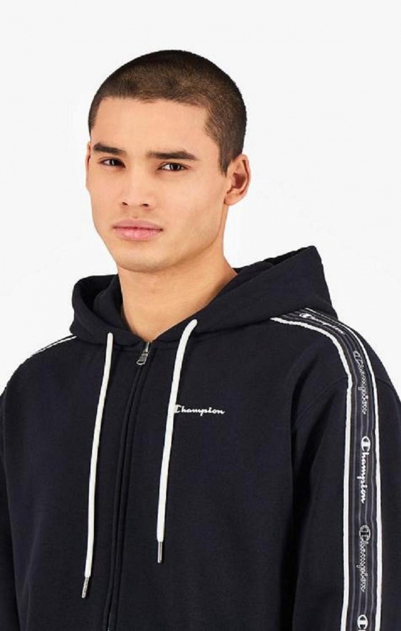 Champion Script Logo Tape Zip-Through Hoodie Férfi Kapucnis Pulóver Fekete | 3867-HQSXB