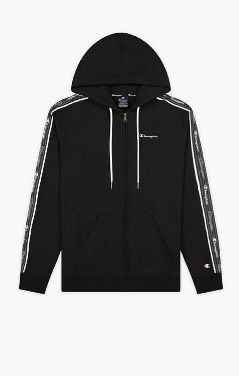 Champion Script Logo Tape Zip-Through Hoodie Férfi Kapucnis Pulóver Fekete | 3867-HQSXB