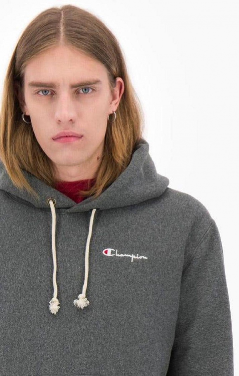 Champion Small Script Logo Hoodie Férfi Kapucnis Pulóver Sötétszürke | 7524-GKODM