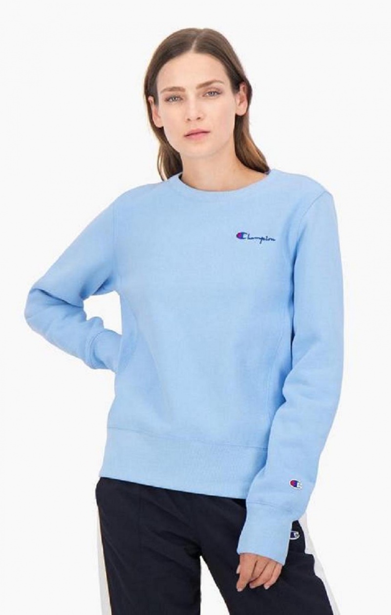 Champion Small Script Logo Reverse Weave Sweatshirt Női Pulóverek Világos Kék | 9574-OPFQS