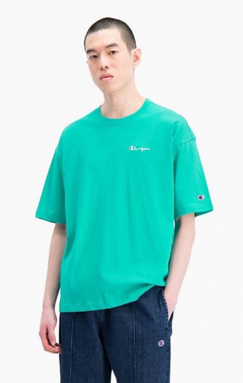 Champion Small Script Logo T-Shirt Férfi Póló Türkiz | 9213-VYPZN