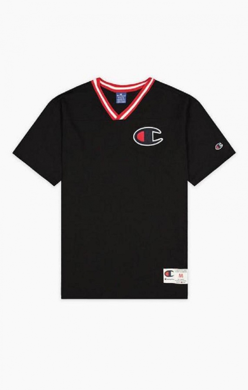 Champion Stripe Collar V Neck T-Shirt Férfi Póló Fekete | 8379-LHBTD