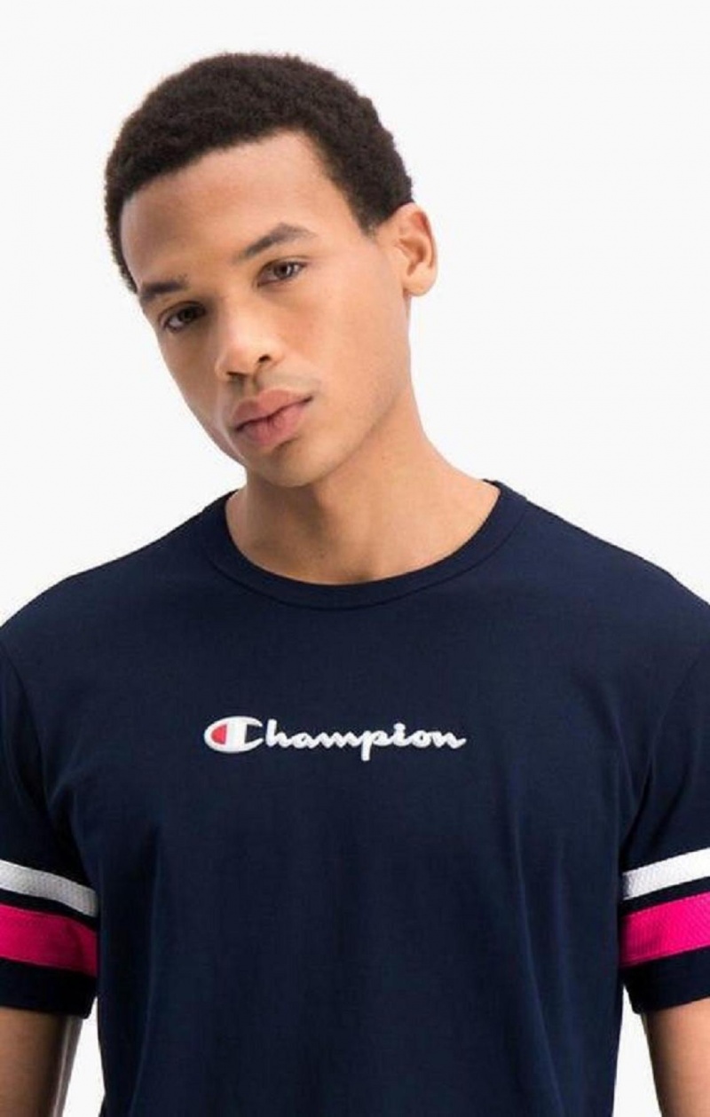 Champion Stripe Detail Script Logo T-Shirt Férfi Póló Kék | 1256-HYJTL