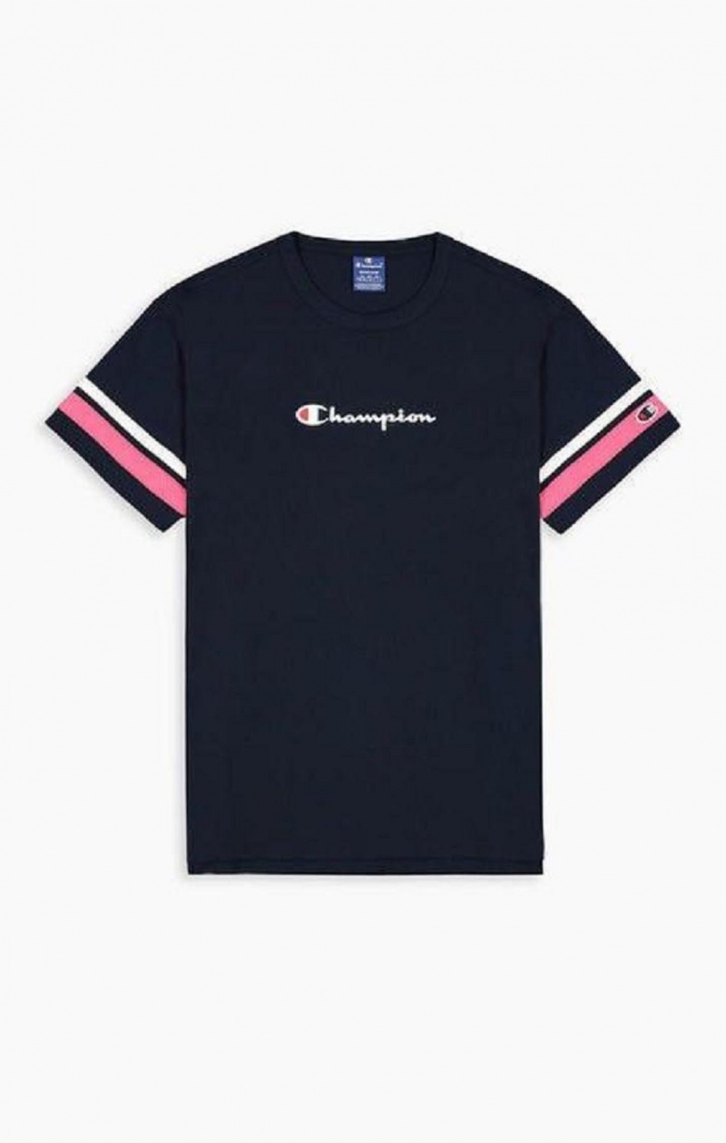 Champion Stripe Detail Script Logo T-Shirt Férfi Póló Kék | 1256-HYJTL