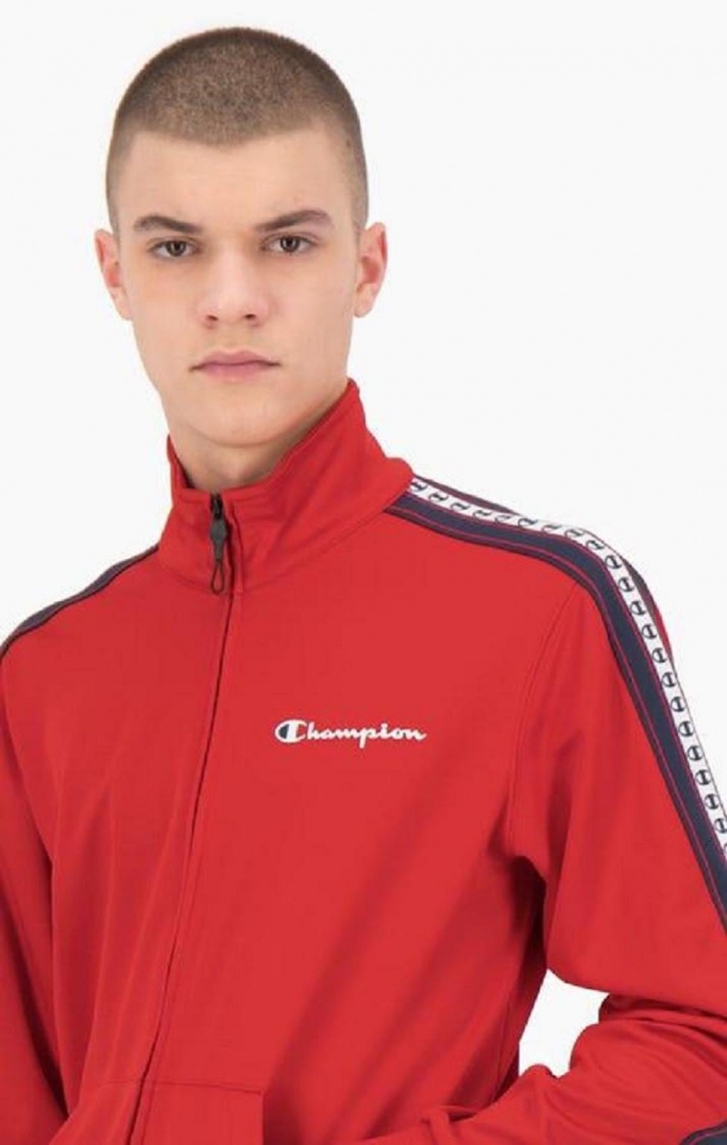 Champion Stripe Logo Tape Zip-Up Pálya Jacket Férfi Kabát Piros | 8957-VXAJK