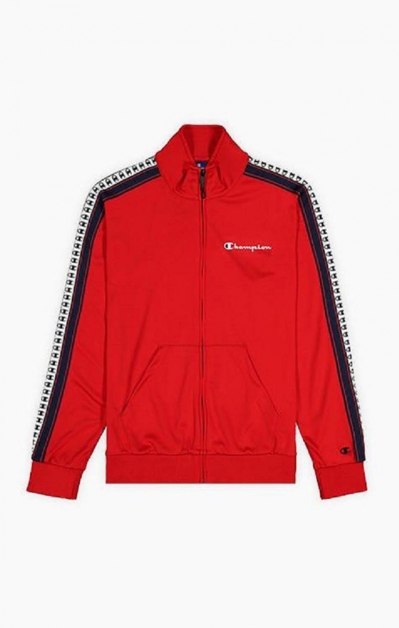 Champion Stripe Logo Tape Zip-Up Pálya Jacket Férfi Kabát Piros | 8957-VXAJK