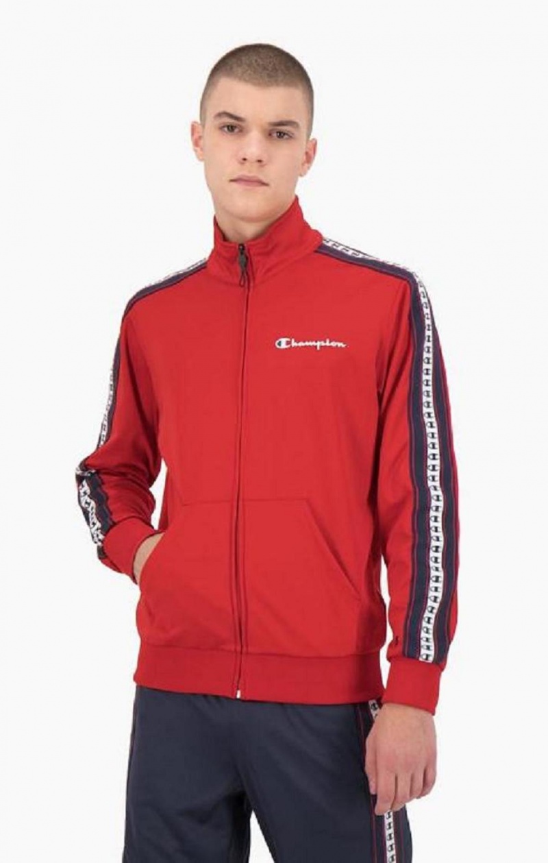 Champion Stripe Logo Tape Zip-Up Pálya Jacket Férfi Kabát Piros | 8957-VXAJK