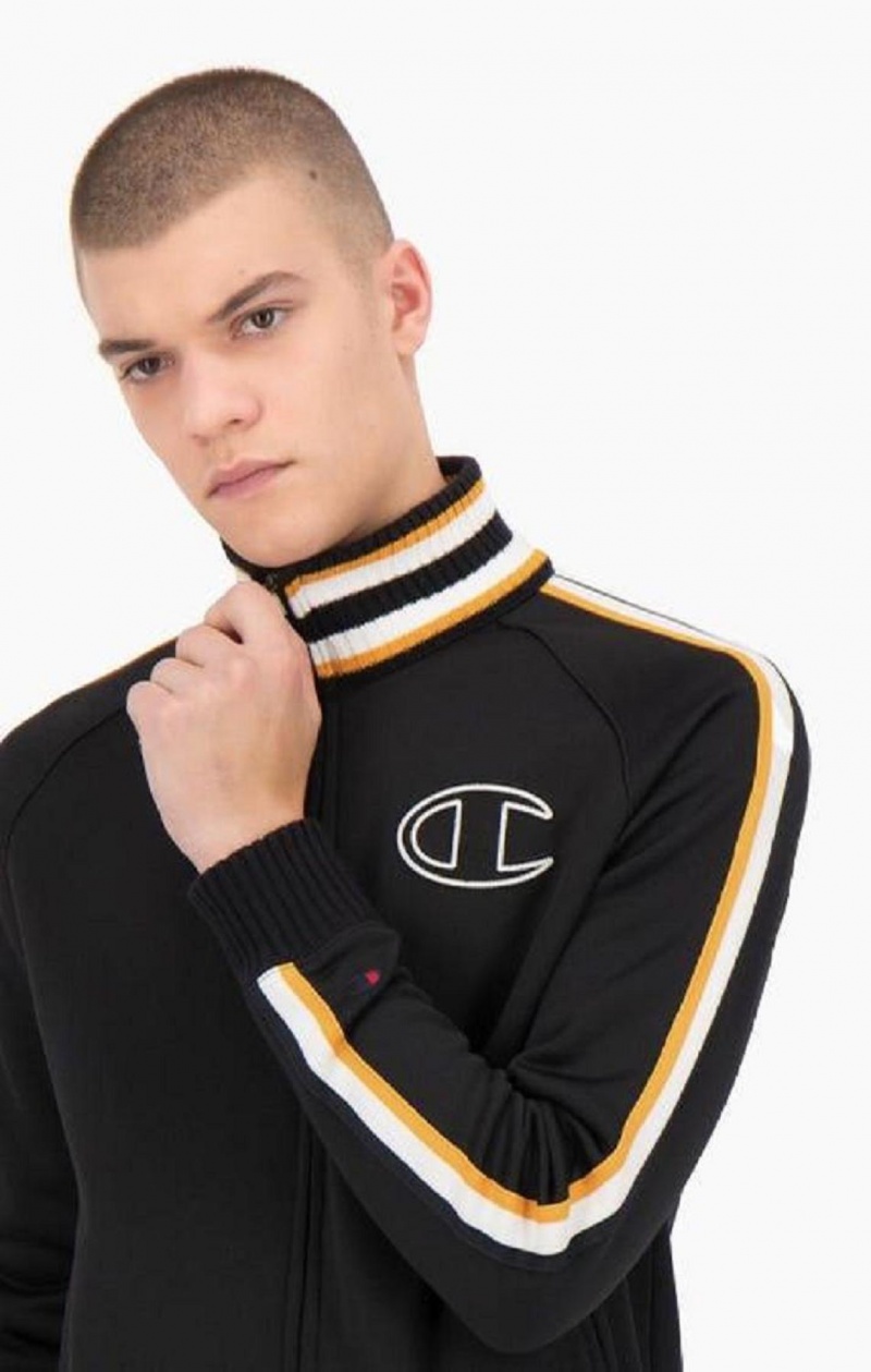 Champion Stripe Sleeve Zip-Up Fleece Jacket Férfi Kabát Fekete | 1593-UHNDJ