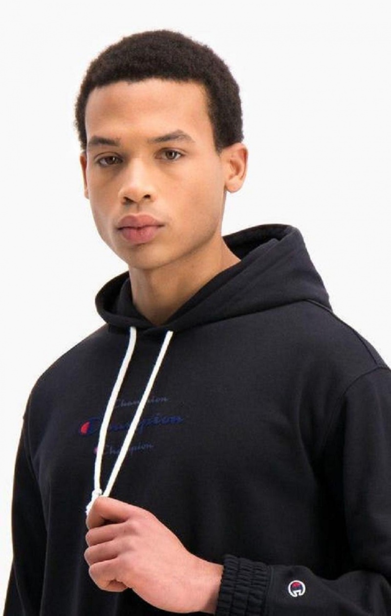 Champion Triple Script Logo Cargo Pocket Hoodie Férfi Kapucnis Pulóver Fekete | 5309-AJVGB