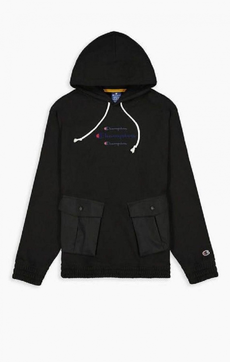 Champion Triple Script Logo Cargo Pocket Hoodie Férfi Kapucnis Pulóver Fekete | 5309-AJVGB