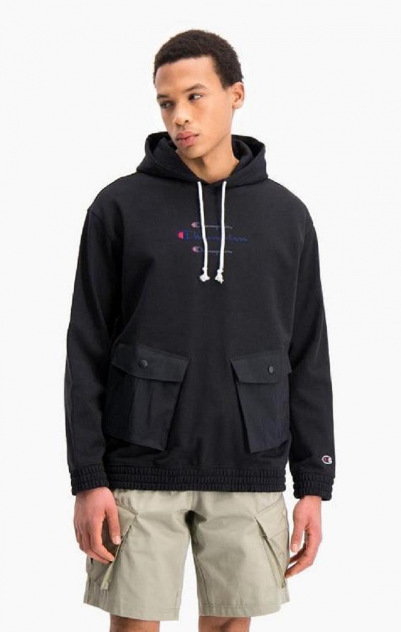 Champion Triple Script Logo Cargo Pocket Hoodie Férfi Kapucnis Pulóver Fekete | 5309-AJVGB