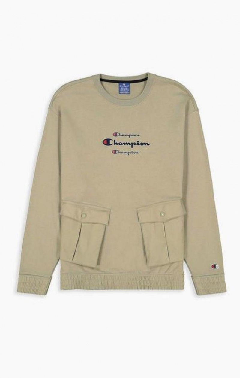 Champion Triple Script Logo Cargo Pocket Sweatshirt Férfi Pulóverek Bézs | 1539-PLXKF