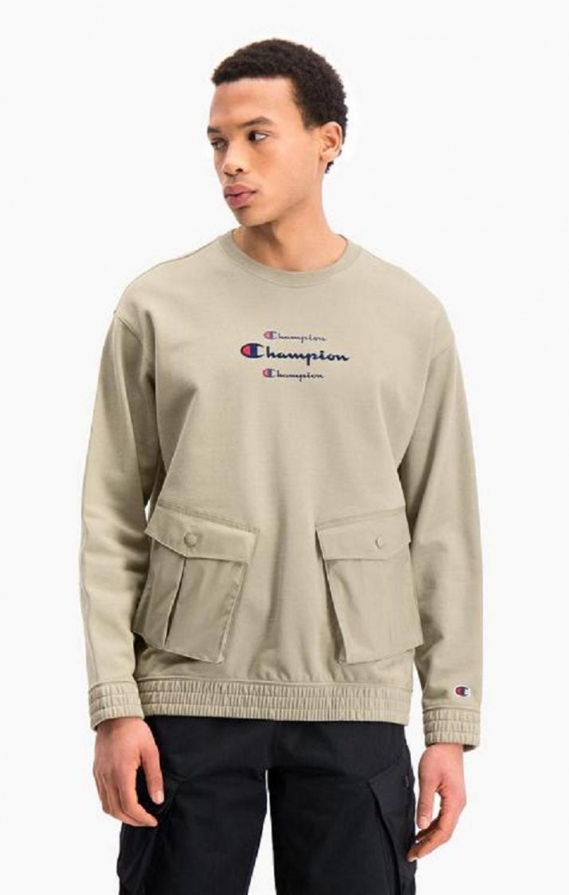 Champion Triple Script Logo Cargo Pocket Sweatshirt Férfi Pulóverek Bézs | 1539-PLXKF