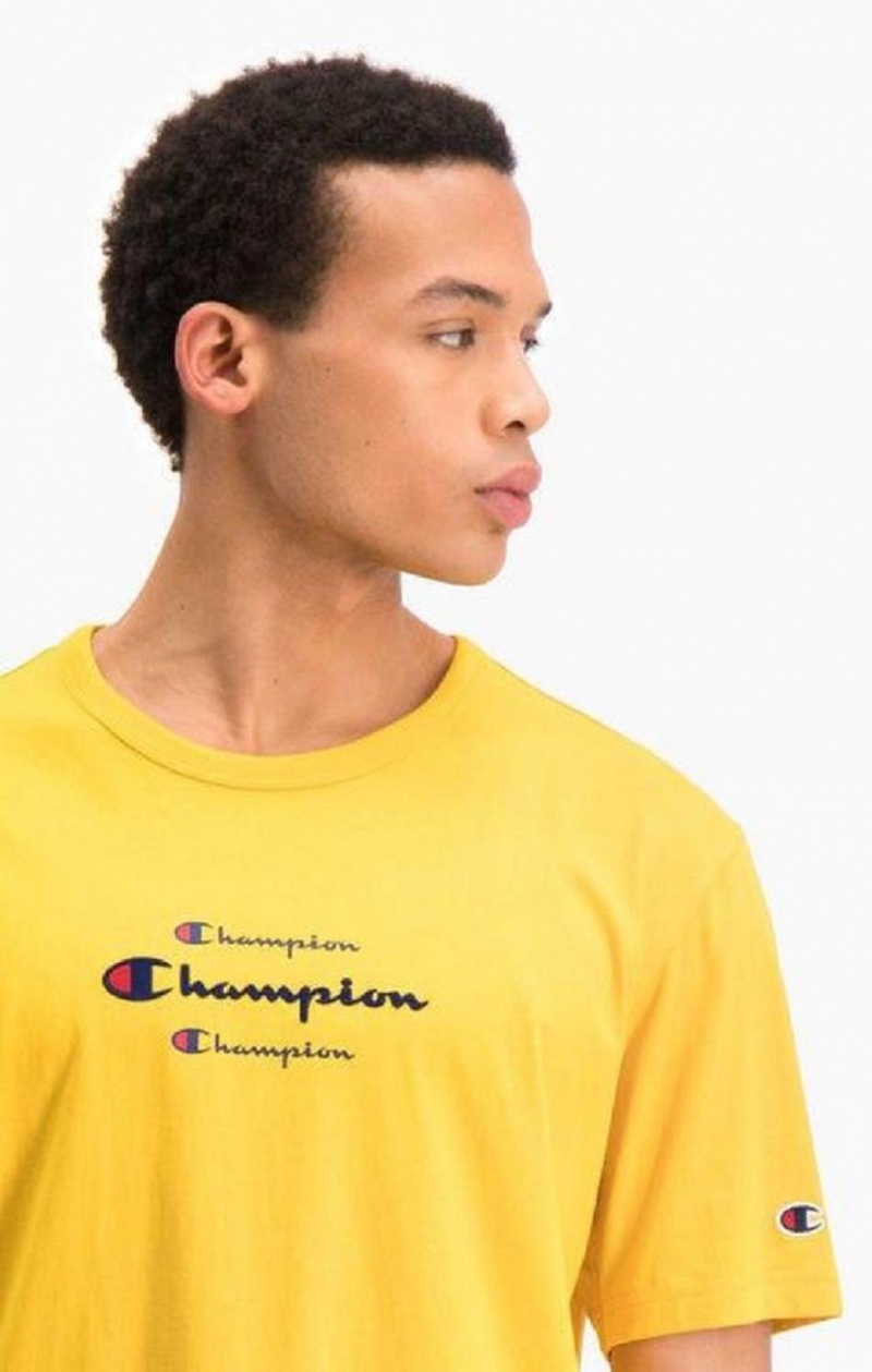 Champion Triple Script Logo T-Shirt Férfi Póló Arany | 9856-HUQYS