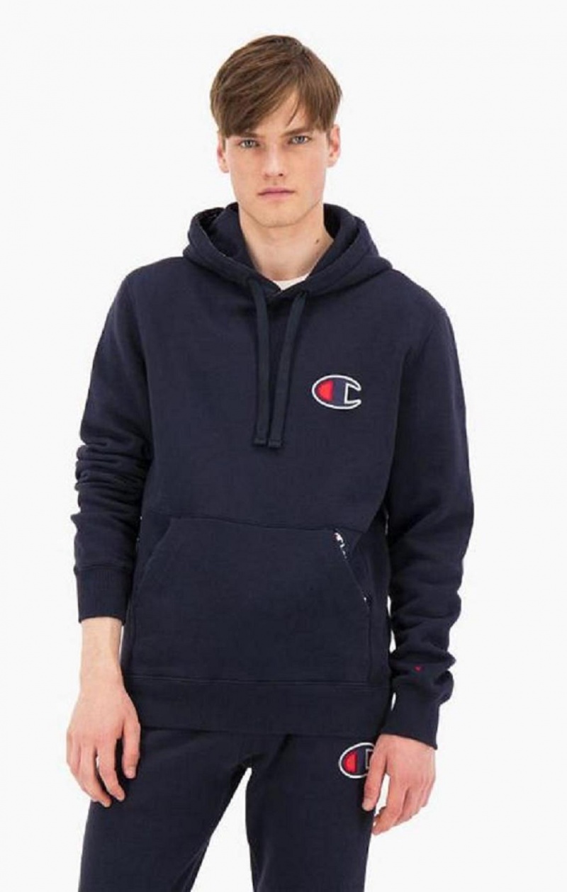 Champion Velúr C Logo Pamut Terry Hoodie Férfi Kapucnis Pulóver Sötétkék | 9318-MDIUR