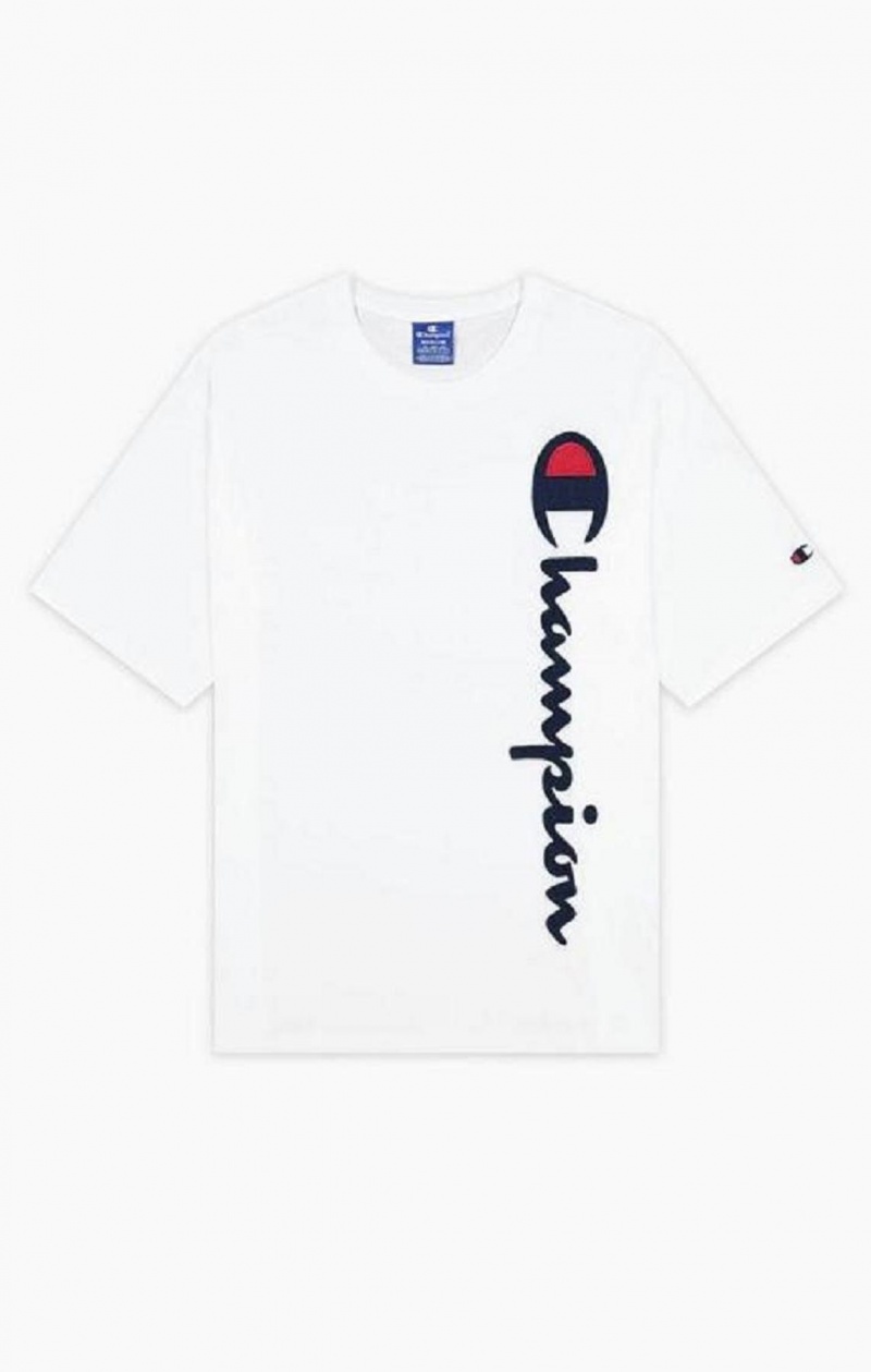 Champion Vertical Script Logo T-Shirt Férfi Póló Fehér | 9378-FZLTN