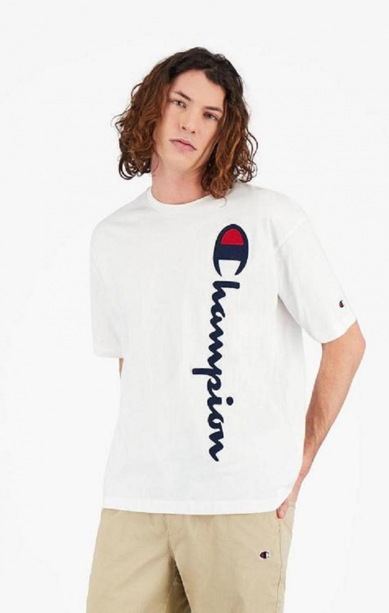 Champion Vertical Script Logo T-Shirt Férfi Póló Fehér | 9378-FZLTN