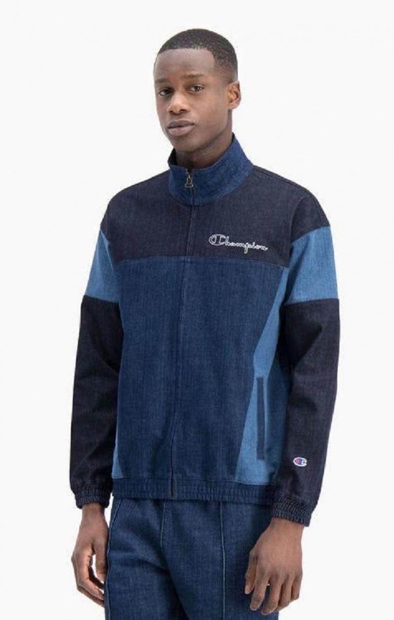 Champion Zip-Up Denim Patchwork Sweatshirt Férfi Pulóverek Türkiz Kék | 0581-PDHBR