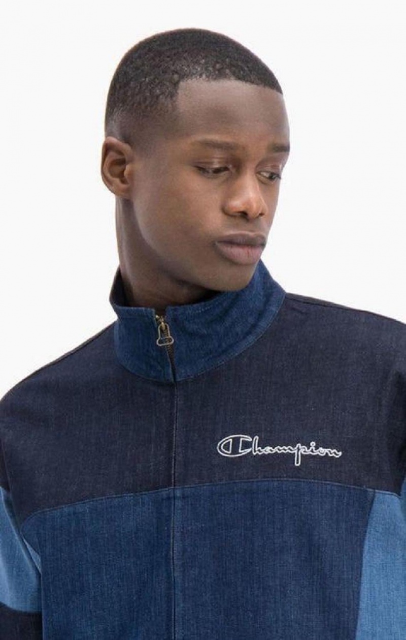 Champion Zip-Up Denim Patchwork Sweatshirt Férfi Pulóverek Türkiz Kék | 0581-PDHBR