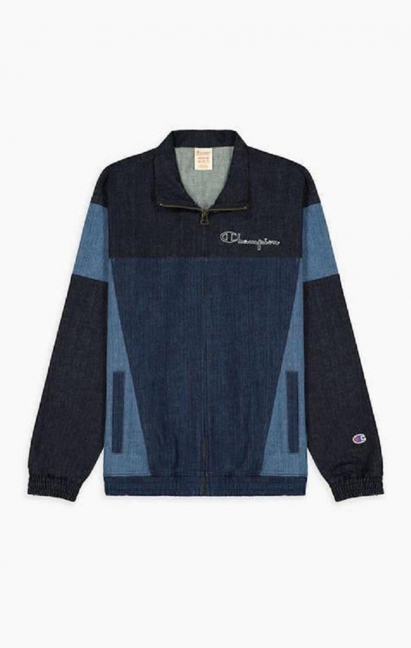 Champion Zip-Up Denim Patchwork Sweatshirt Férfi Pulóverek Türkiz Kék | 0581-PDHBR