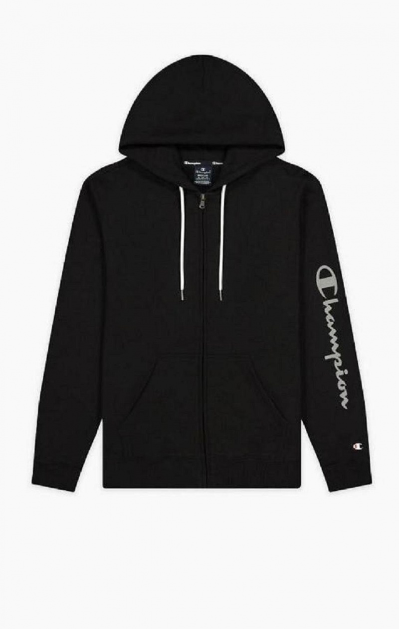 Champion Zip-Up Mesh Effect Script Logo Hoodie Férfi Kapucnis Pulóver Fekete | 6718-AOPLE