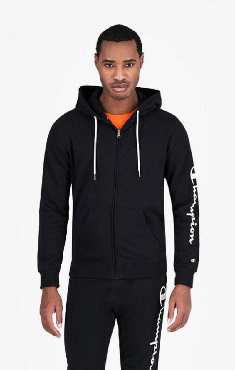 Champion Zip-Up Mesh Effect Script Logo Hoodie Férfi Kapucnis Pulóver Fekete | 6718-AOPLE