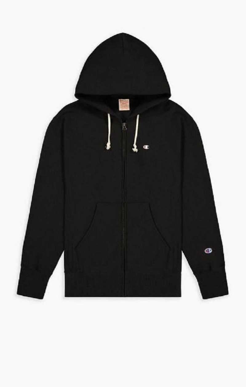 Champion Zip-Up Script Logo Hoodie Férfi Kapucnis Pulóver Fekete | 0692-ZKJPM