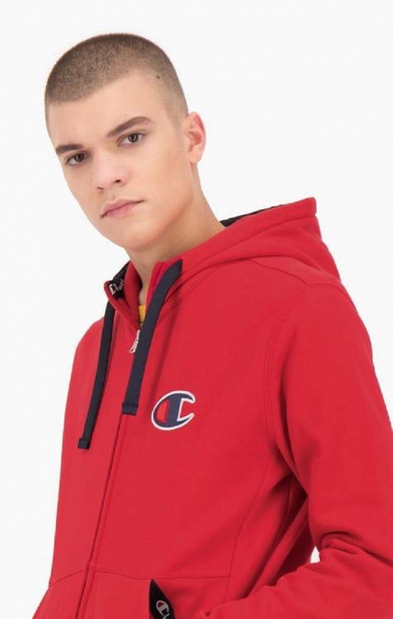 Champion Zip-Up Velúr C Pamut Terry Hoodie Férfi Kapucnis Pulóver Piros | 2804-BKMLR