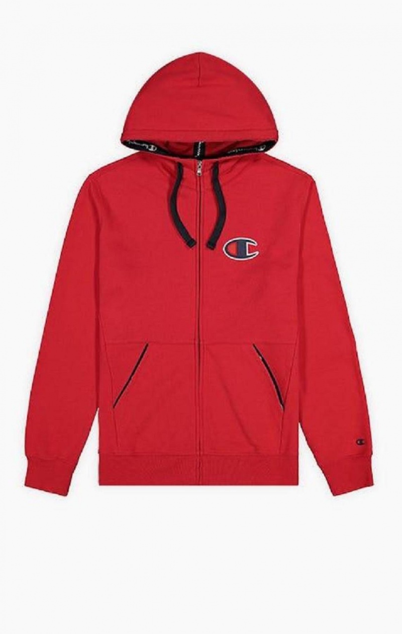 Champion Zip-Up Velúr C Pamut Terry Hoodie Férfi Kapucnis Pulóver Piros | 2804-BKMLR